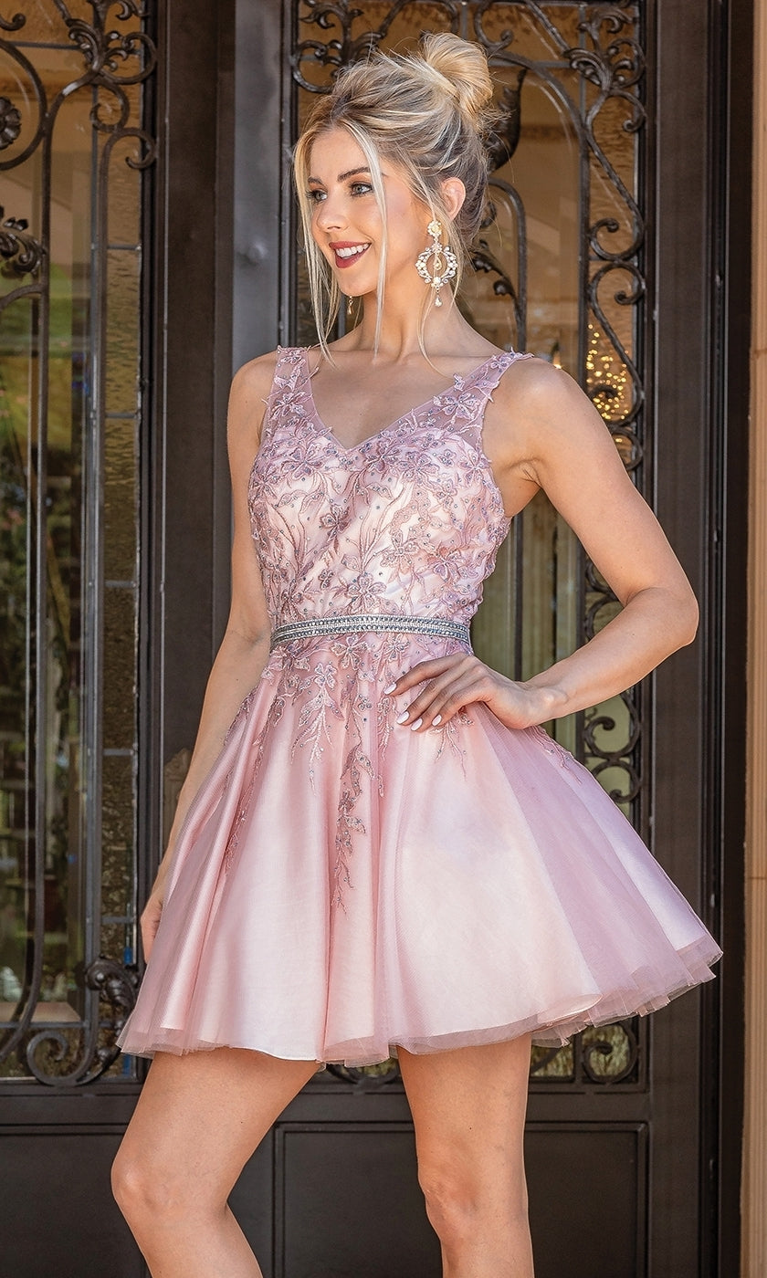 A woman smiles and poses with one hand on her hip in front of ornate iron doors, wearing the Short Prom Dress with Embroidered Sheer Bodice—a light pink, sleeveless a-line party dress featuring an elegant embroidered bodice.